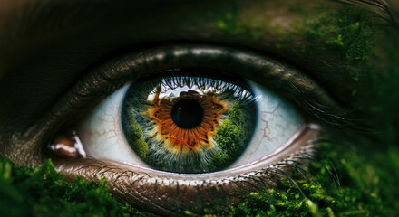 Closeup of human eye adorn with dark green moss and organic textures.