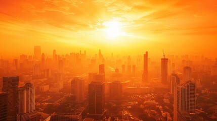 Fototapeta premium Sunrise over a modern city skyline with skyscrapers silhouetted against the orange sky.