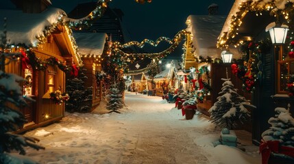 Fototapeta premium Christmas village with festive decorations, snow, and garlands at night