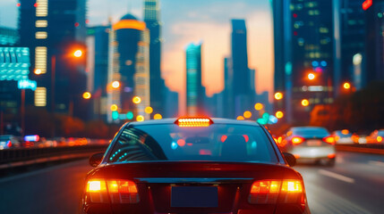 Rear view of a car driving on a city street at dusk.