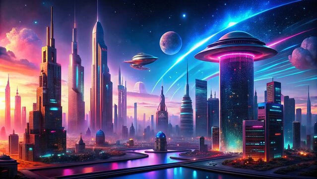 Vibrant neon-lit futuristic cityscape unfolds on a distant planet, with towering skyscrapers, alien spacecraft, and