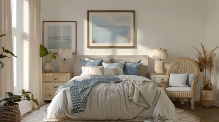 Coastal bedroom with white bed, blue throw, wicker chair, and natural light.