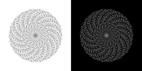 Abstract background with abstract line pattern in circles. Spiral art design as a logo or icon. A black figure on a white background and the same white figure on a black side. Mandala design with abst