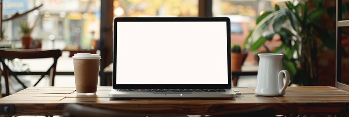 Fototapeta premium Laptop with blank screen on wooden table with coffee cup and pitcher