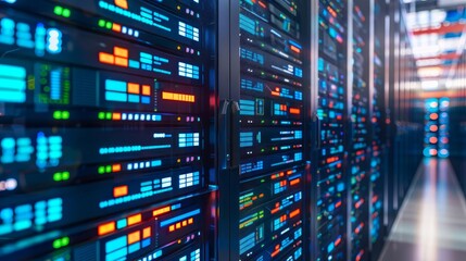 Rows of server racks in a data center.