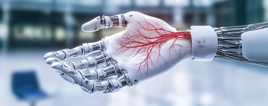 Hyper-realistic biomechanical hand prototype connected to a human nerve system, representing prosthetics innovation, scientific innovation, biomedical engineering