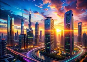 Obraz premium Vibrant orange and pink hues illuminate a futuristic cityscape at sunset, featuring sleek skyscrapers, neon lights, and