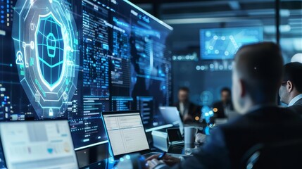 Cybersecurity strategy session with a company planning defense measures and incident response strategies with copy space