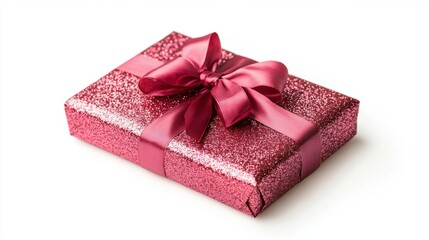 Obraz premium Valentine present wrapped in glittery red and pink paper with a ribbon bow, isolated on a white background for a romantic vibe.