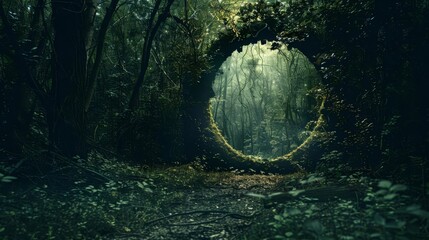 Fototapeta premium Mysterious stone portal in a misty forest.