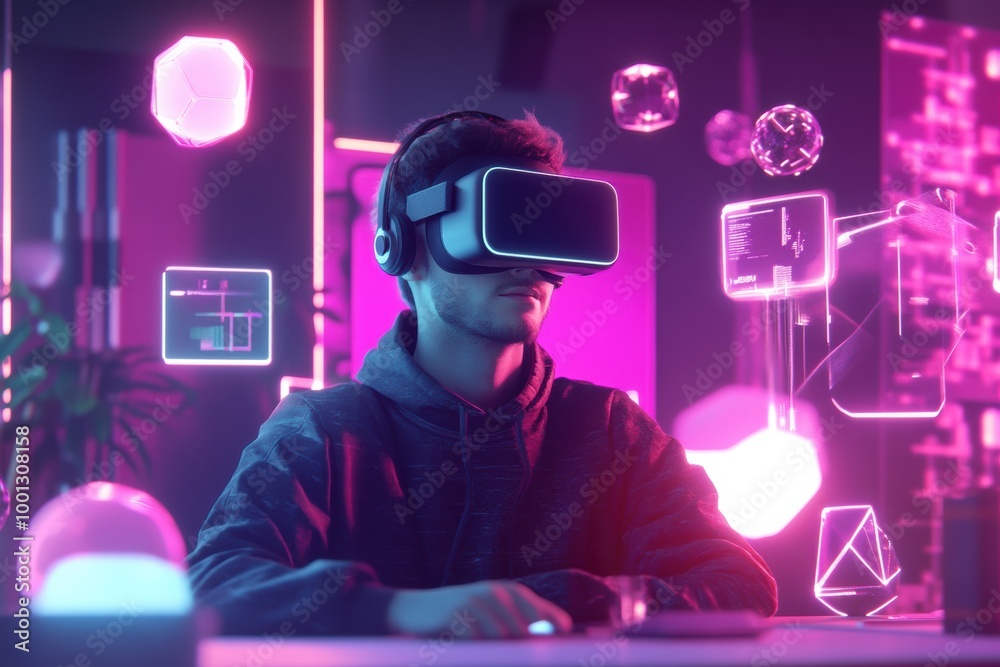 Aufkleber A virtual reality designer explores innovative concepts in a modern studio filled with floating 3D objects at night. Generative AI