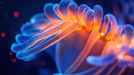 Obraz premium Close-up of a vibrant jellyfish with glowing tentacles in a dark underwater setting.