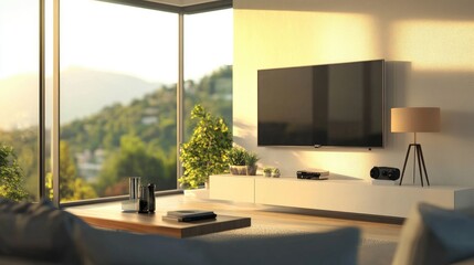 Fototapeta premium Contemporary living room with a wall-mounted TV and a modern lamp, with soft daylight glowing through floor-to-ceiling glass windows.