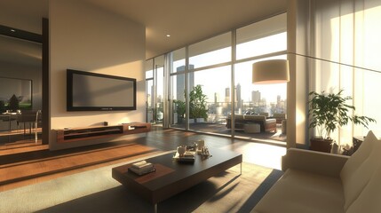 Contemporary living room with a wall-mounted TV and a modern lamp, with soft daylight glowing through floor-to-ceiling glass windows.