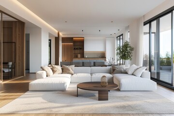 Modern living room with white sectional sofa, wooden coffee table, and large windows.