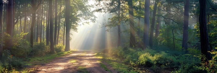 Obraz premium Sunlight streams through trees in a misty forest, illuminating a path.