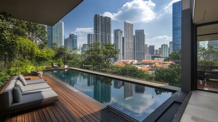 Elevated deck with a rectangular swimming pool, blending seamlessly with nearby buildings, creating a relaxing urban oasis.