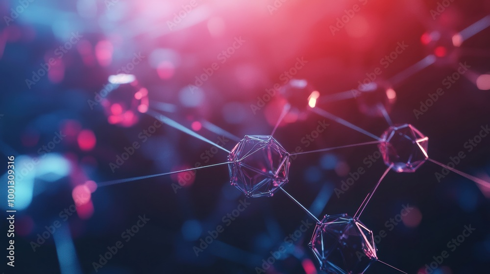 Poster abstract representation of molecular structures floating in a vibrant, illuminated background with h