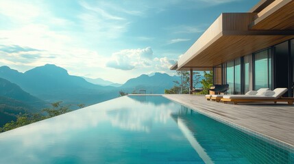 Fototapeta premium Infinity pool on a deck surrounded by mountain villas, with tranquil water reflecting the sky as abstract thoughts of flight fill the air.
