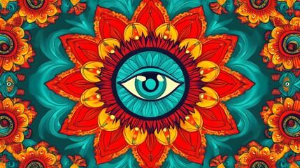 Floral, Mandala with Eye, Turquoise, Shapes, Abstract Image, Texture, Pattern Background, Wallpaper, Cover and Screen for Smartphone, PC, Laptop, 9:16 and 16:9 Format