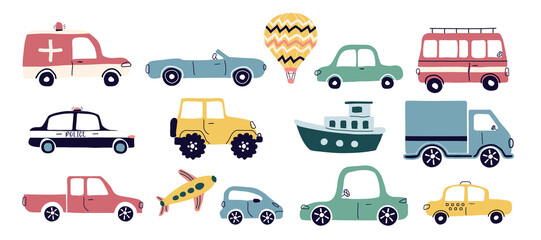a car, a set of flat icons. urban car types isolated on a white background. Taxi, police, convertible, for print, postcard, banner, childrens clothing. art png illustration.