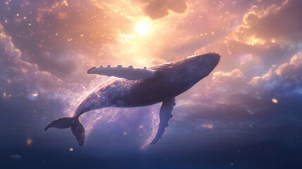 Fototapeta premium Humpback whale breaking ocean surface, splashing water and light reflections