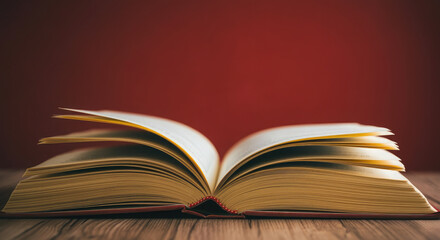 Hardcover open book on a wooden table with red backdrop.