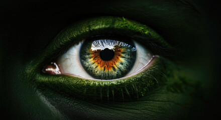 Closeup of human eye adorn with dark green moss and organic textures.