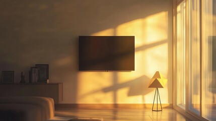 Minimalist living room with a TV mounted on the wall, a geometric lamp on a side table, and sunlight streaming through glass doors, creating sharp shadows
