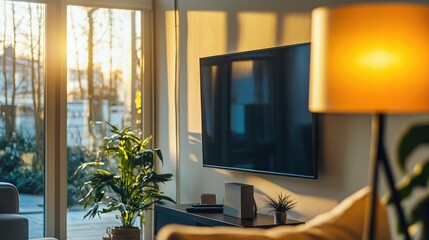 Modern, cozy living room with a mounted TV, a contemporary lamp, and daylight flooding through the glass, creating a warm, inviting atmosphere.