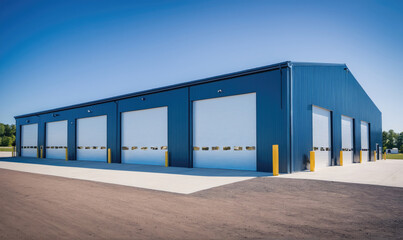 A blue metal building with six large garage doors sits on a dirt lot