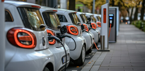 A row of electric vehicles charging at a public charging station, connected by a single cable, symbolizing the compact nature and forms of these cars. 