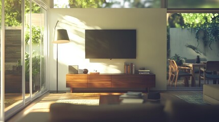 Open-concept living room with a mounted TV, minimalist lamp, and sunlight streaming through glass windows, illuminating the rooms soft colors.