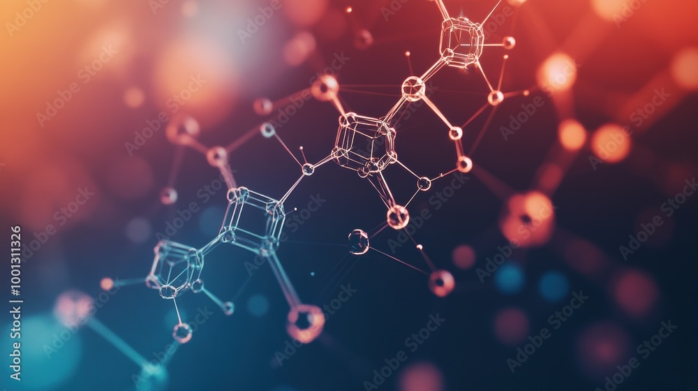 Poster exploring molecular structures against a vibrant abstract background with dynamic lighting effects. 