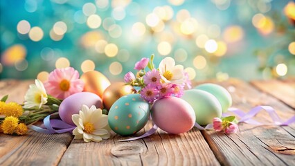 Vibrant pastel-colored eggs, flowers, and ribbons adorn a distressed wooden table, creating a festive and whimsical