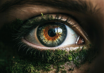 Fototapeta premium Closeup of human eye adorn with dark green moss and organic textures.