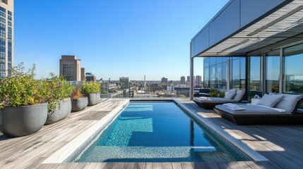 Rooftop deck with a private infinity pool, offering a full view of nearby city buildings and bright blue skies, with a modern, clean aesthetic.
