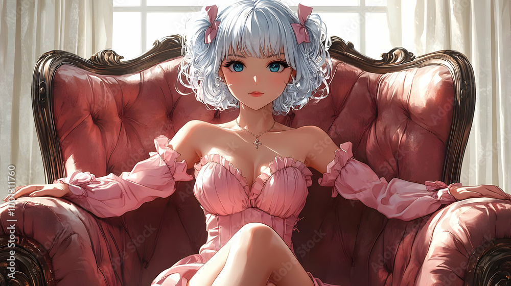 Canvas Prints Anime Girl Sitting In A Chair, With A Pink Dress And Bows