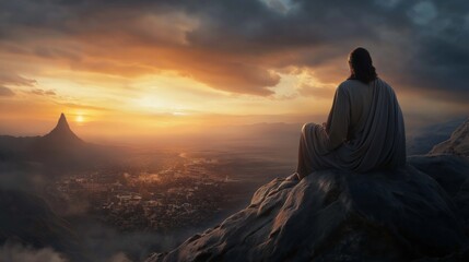 Obraz premium The view from the top of the world's kingdoms fading as Jesus faces the camera, His back to them, God's eternal kingdom