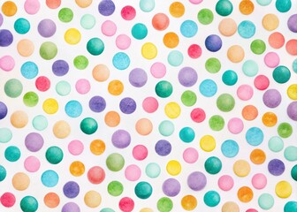 Vibrant pastel polka dots of varying sizes and colors scatter across a white background, creating a playful, whimsical,