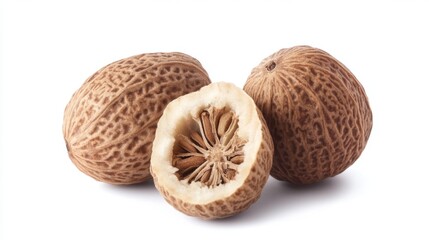 Close up of whole and halved nutmeg seeds, isolated on white background.