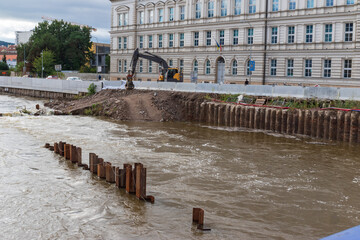 Flood wall in river basin of Svratka, Brno, Czech republic, floods after storm Boris, September 15,...