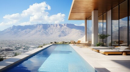 Fototapeta premium Spacious pool deck with a view of mountain buildings, with the sky filled with subtle, dreamlike thoughts of flying, creating a calm, imaginative space.