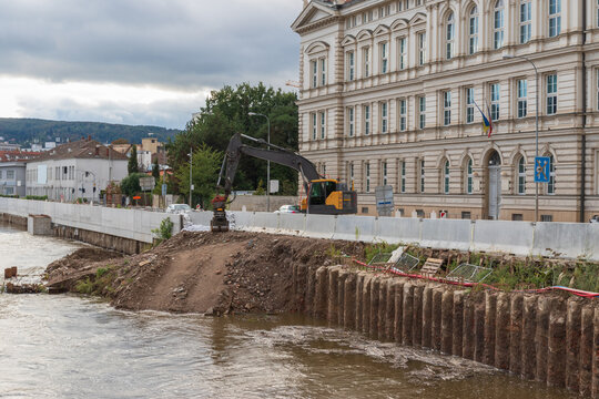 Flood wall in river basin of Svratka, Brno, Czech republic, floods after storm Boris, September 15, 2024.