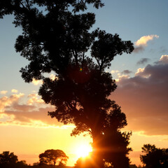 Silhouette of trees at sunset with glowing sun and colorful sky