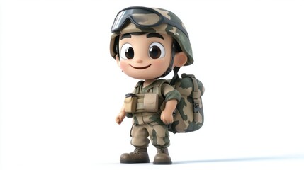 Adorable military cartoon with a backpack and helmet, ready for an adventure, isolated on a white background.