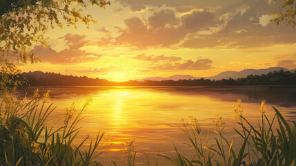Sunset Symphonies and Reflective Melodies by the Lake. Sunset anime lake with golden hour view
