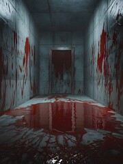 A photo of a grim Halloween setting with a concrete room filled with blood, evoking fear and dread.