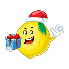 Happy Lemon Cartoon Character Wearing Santa Hat Holding Gift for Christmas Greeting.