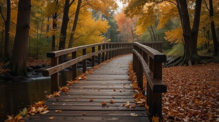 Fototapeta premium Wooden Bridge in Autumn Forest